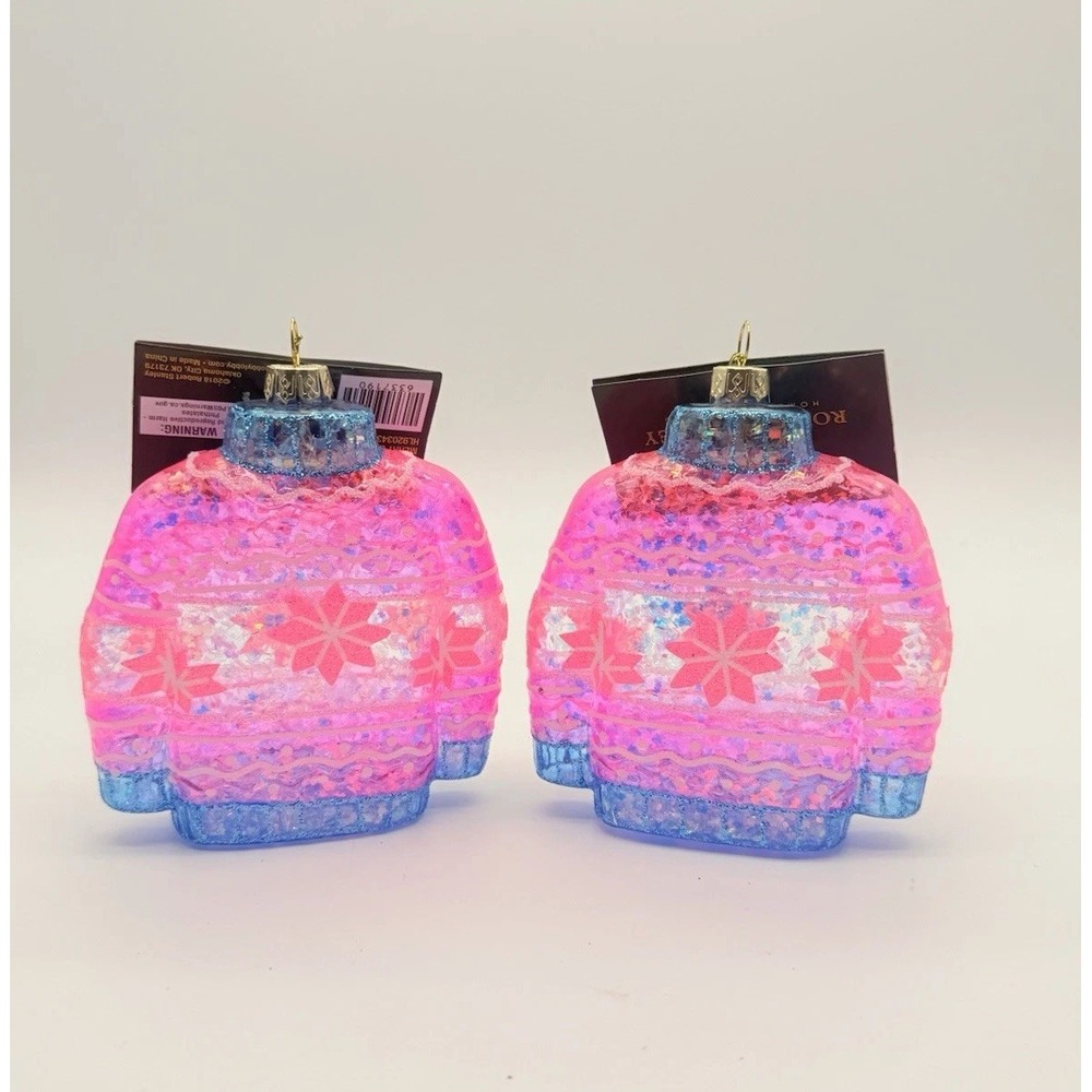 Set of 2 Robert Stanley Pink Blue Iridescent Ugly Sweater Glass Ornaments 4.5"